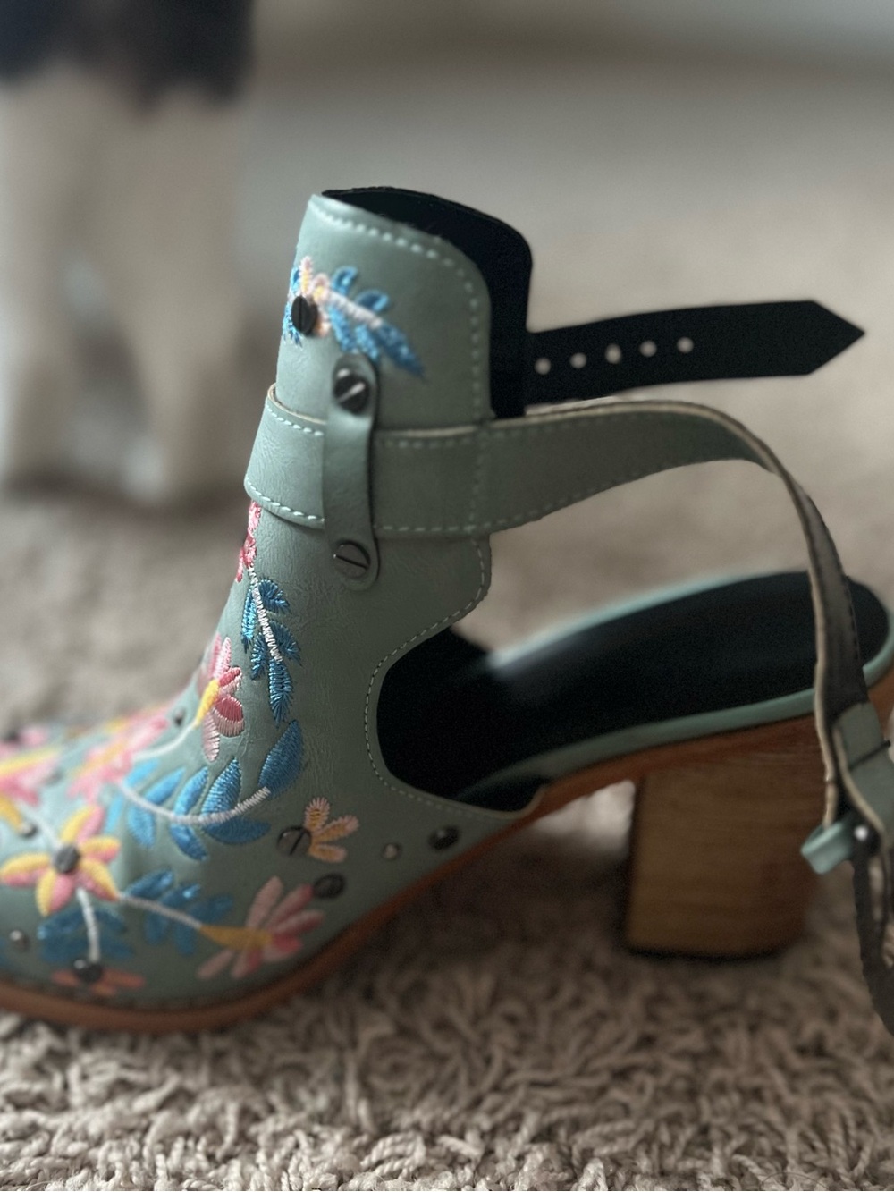 Mint Green Embroidered Block Heel Sandal with Ankle Strap